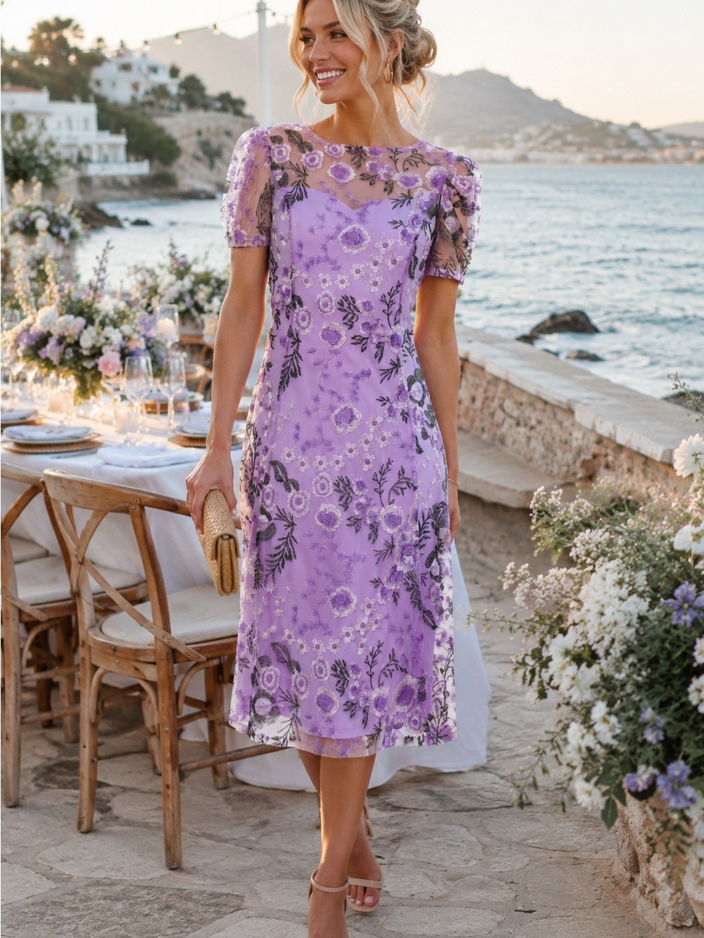 Marina Floral Lilac Embroidered Midi Dress with Sheer Yoke MSRP $200